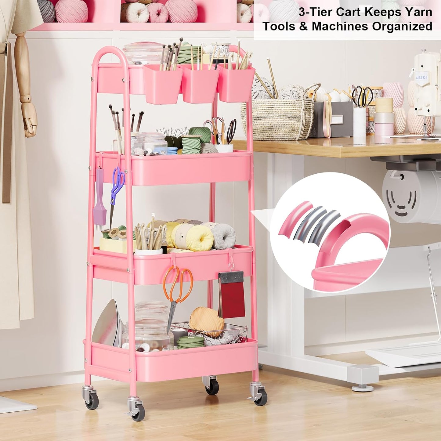3 Tier Heavy Duty White Metal Rolling Cart with Lockable Wheels, Three Tier Roller Book Snack Cart, Utility Storage Organizer Carts for Kitchen, Bathroom, Garage, Baby Diaper, Craft, Art, Teacher