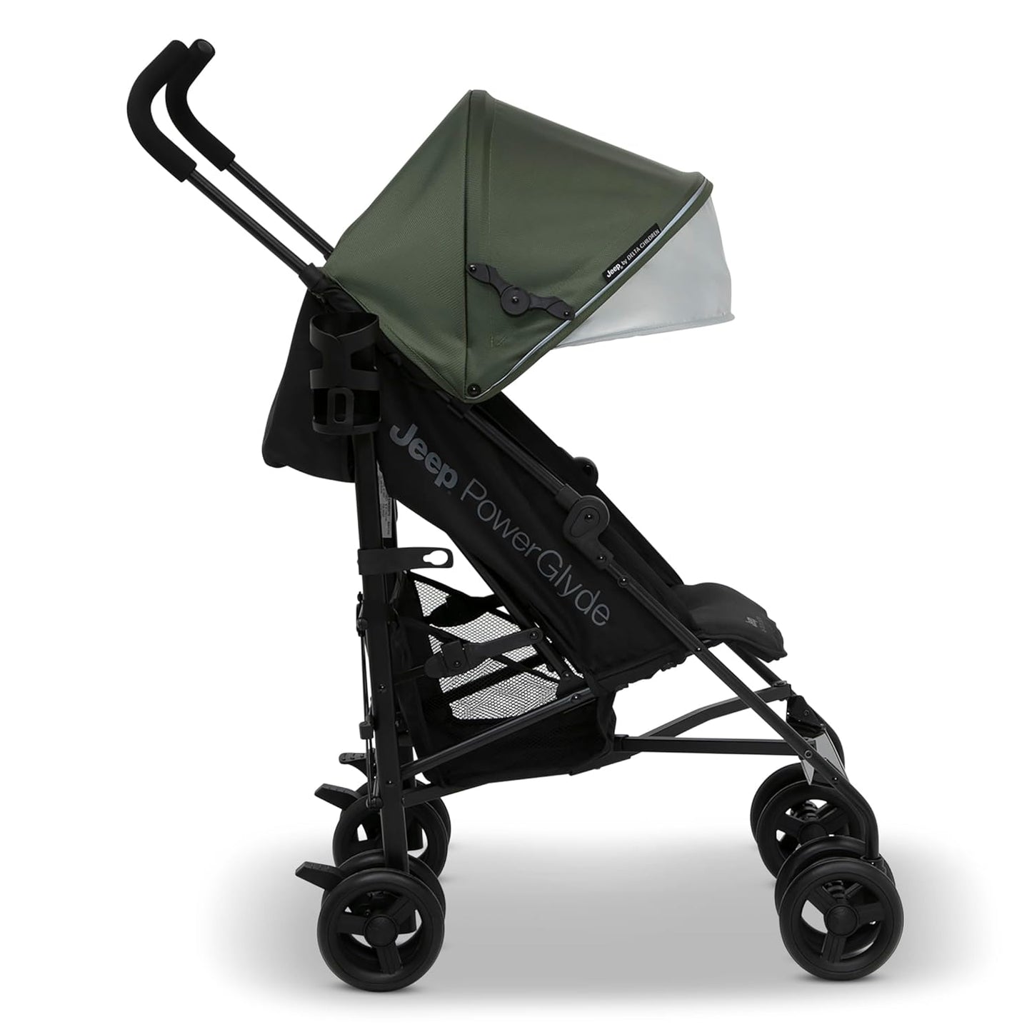Jeep AdventureGlyde Stroller by Delta Children - Lightweight Travel Stroller with Smoothest Ride & Compact Fold, 3-Position Recline, Extra Large Storage Basket, Black/Grey