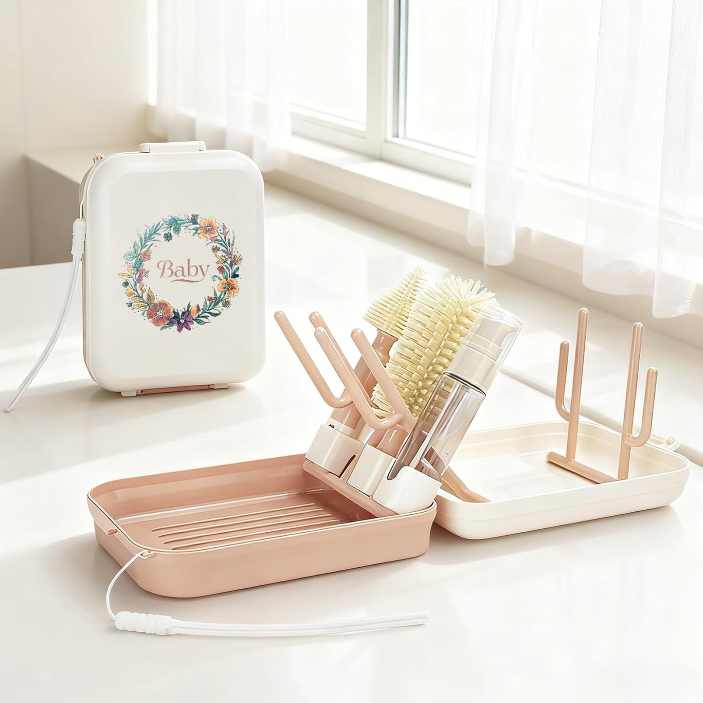 Portable Baby Bottle Brush Travel Set | Silicone Bottle Cleaning Brush with Foldable Drying Rack for On-The-Go, Lotus Root Pink