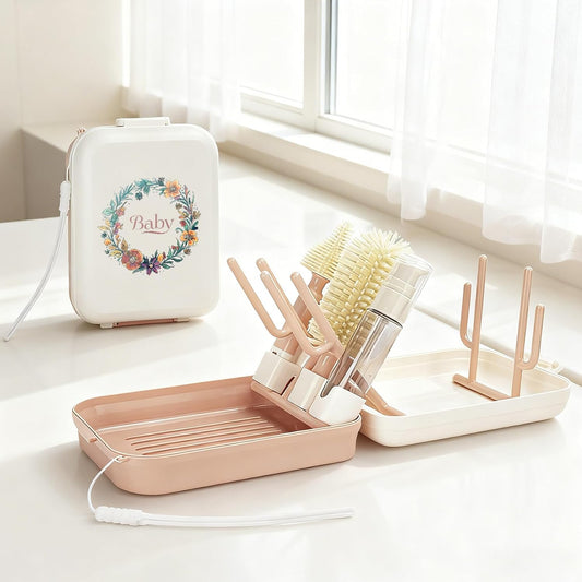Portable Baby Bottle Brush Travel Set | Silicone Bottle Cleaning Brush with Foldable Drying Rack for On-The-Go, Lotus Root Pink