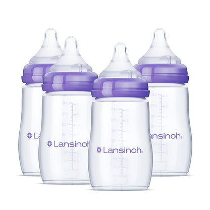 Lansinoh Anti-Colic Baby Bottles, BPA-Free Plastic, 5 Ounces, 4 Count, Extra Slow Flow Nipples (Size XS), Breastfeeding Bottle with NaturalWave Design
