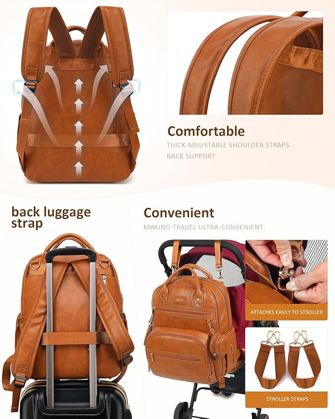 ROSEGIN Premium Vegan Leather Diaper Bag Backpack with Waterproof Changing Pad, Reinforced Zippers & Odor-Free, 20 Pockets Pro Organizer, Fits 15.6" Laptop, Stroller Straps, Baby Bag for Mom, Brown