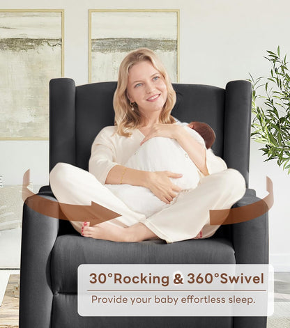 Tbfit Nursery Rocking Chair,360°Swivel Recliner Chair with Lumbar Support for Bedroom, Comfy Upholstered Armchair with Pillows & Footrest for Living Room & Baby Room