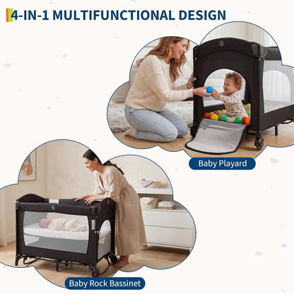 4 in 1 Baby Playard, Portable Bedside Crib with Rocking Bassinet & Diaper Changer, Infant Pack and Play with Mattress, Large Toddler Playpen, Newborn Changing Table, Storage Pocket & Rotating Toy Bar