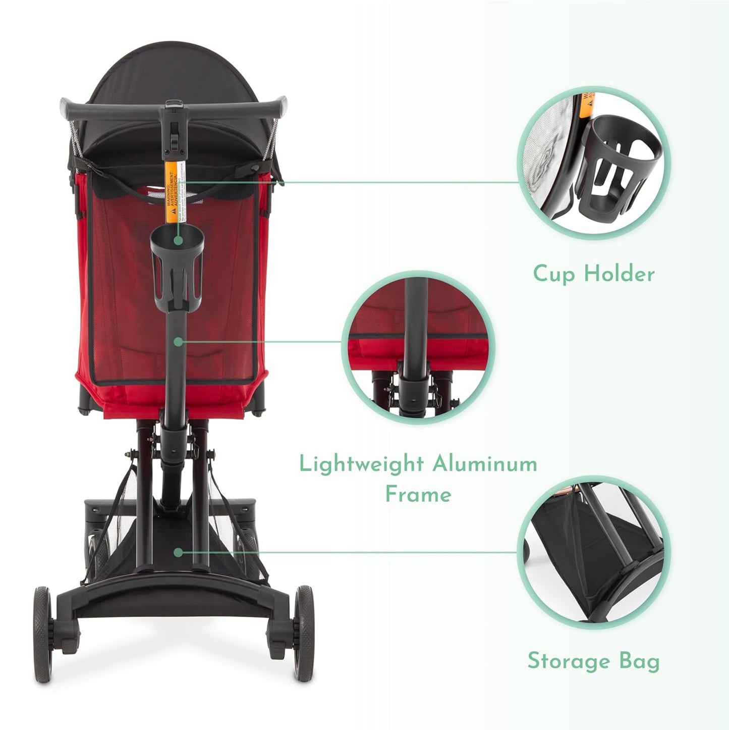 Evolur Roamer Ultra Lightweight Stroller, Compact One-Hand Self-Standing Fold Travel Stroller with 5-Point Safety Harness, Adjustable Sun Canopy, 360° Rotating Wheels with Cup Holder - Red
