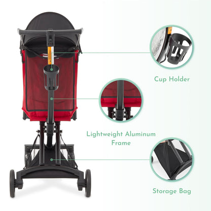Evolur Roamer Ultra Lightweight Stroller, Compact One-Hand Self-Standing Fold Travel Stroller with 5-Point Safety Harness, Adjustable Sun Canopy, 360° Rotating Wheels with Cup Holder - Red