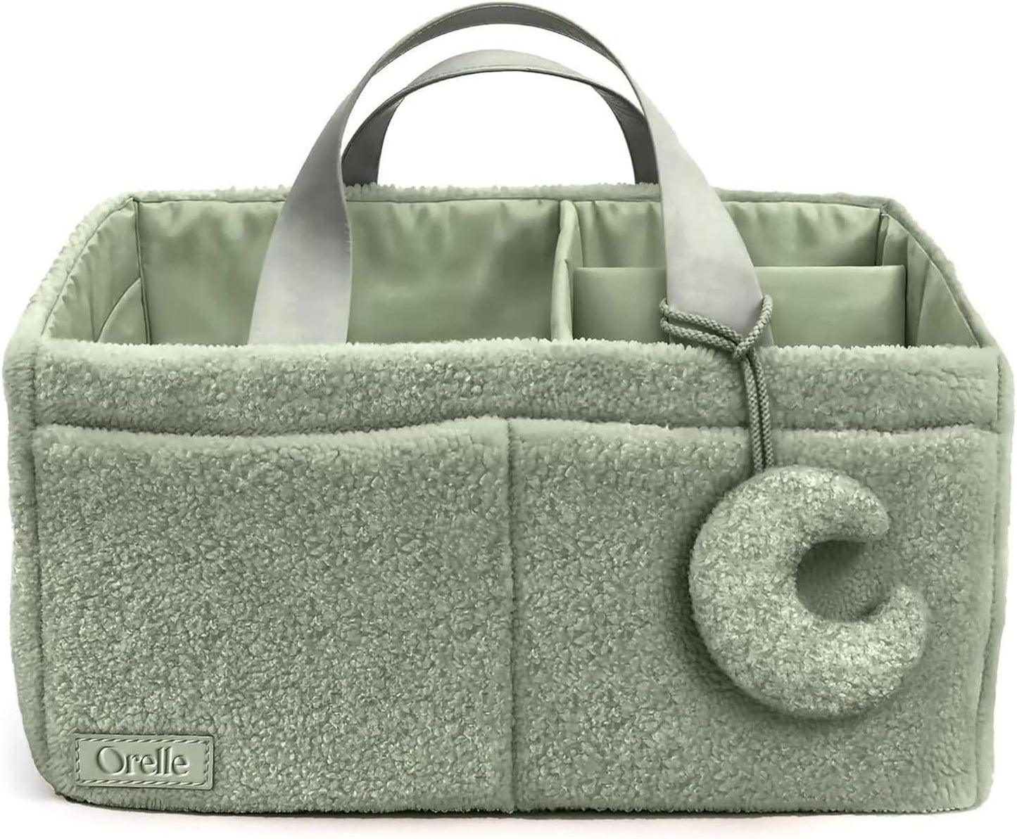 Orelle Bouclé Diaper Caddy Organizer with Matching Pouch & Moon Pendant | Teddy Portable Changing Table Organizer | Must-Have Baby Shower Gifts | Cream