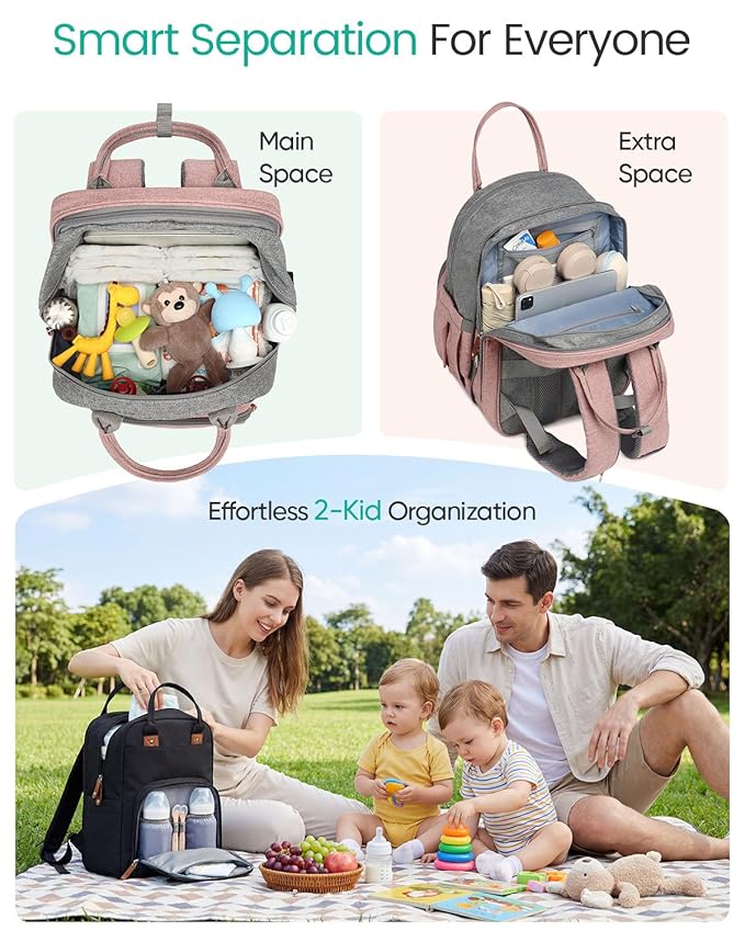 Qualyphant Extra Large Diaper Bag Backpack for Two Kids Twins - Expandable Baby Bag (26-36L), Dual Big Compartments - Includes Changing Pad & Stroller Straps, Unisex Pink Grey
