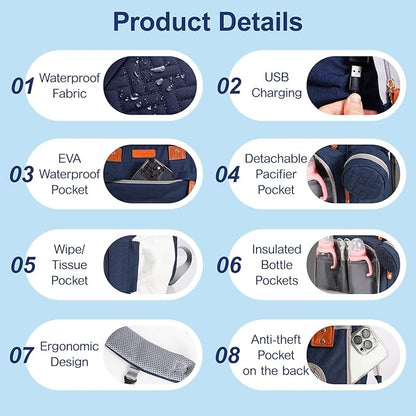JOYCE Baby Diaper Bag Backpack, with Diaper Changing Station, Multi-functional Travel Waterproof Backpack, for Baby Boys and Girls, with Foldable Portable Diaper Pad and Sunshade (Large Blue)