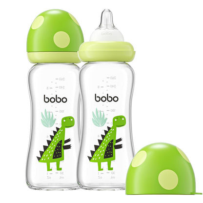 YOHKOH Natural Glass Baby Bottle with Level 1 Slow Flow Nipple, Newborn Anti-Colic Baby Bottles, Wide Neck Mushroom Baby Glass Bottle (Multicolour-A, 3.4oz (Pack of 4))