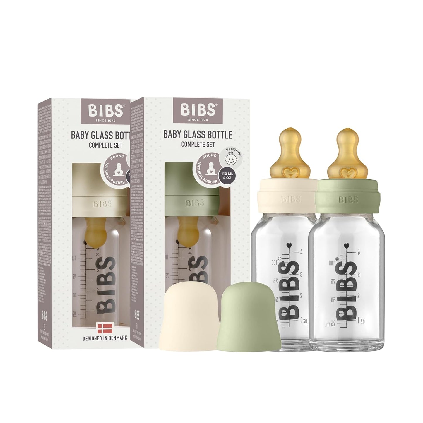 BIBS Baby Glass Bottle. Anti-Colic. Round Natural Rubber Latex Nipple. Supports Natural Breastfeeding, Complete Set - 110 ml, Cloud