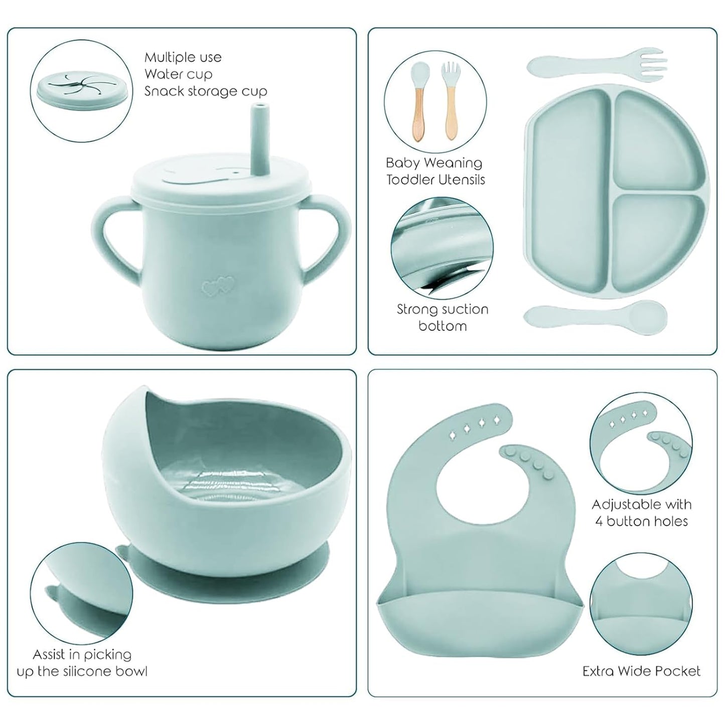 100% Silicone Baby Feeding Set, BPA Free Baby Dishes with Suction Bowl, Divided Plate, Toddler Self Feeding Dish Set with Spoons, Forks, Sippy Cup and Bib, Baby Eating Utensils (Navy Blue)