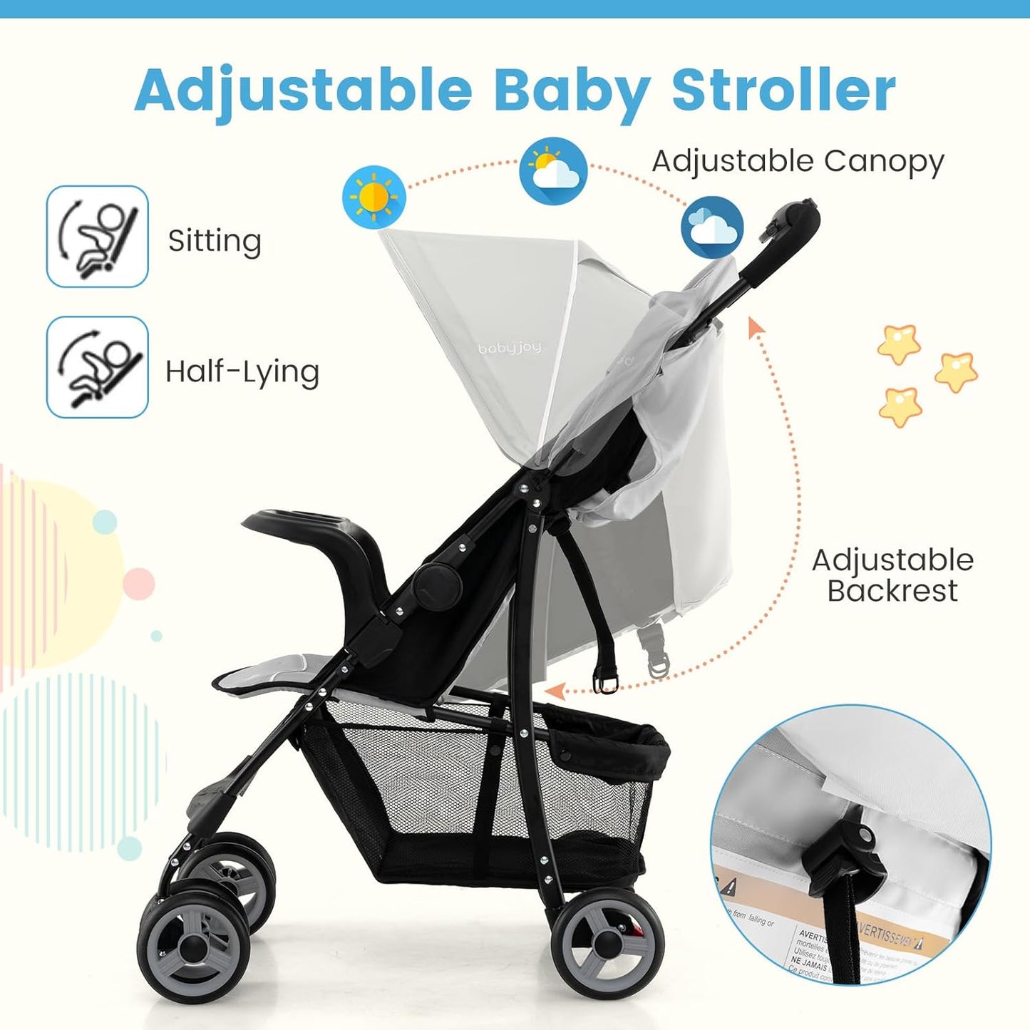 Baby Joy Lightweight Stroller, Compact Toddler Travel Stroller for Airplane, Infant Stroller w/Adjustable Backrest/Footrest/Canopy, 5-Point Harness, Storage Basket, Easy One-Hand Fold (Gray)