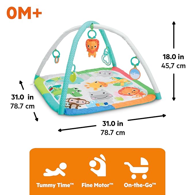 Bright Starts Wild Wiggles Jungle Jubilee Foldaway Activity Gym for Ages Newborn & Up, Unisex Safari Theme with Space Saving Design, 5 Toys Included