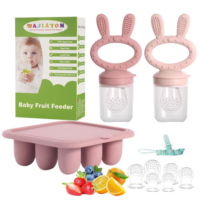 WAJIAYON Baby Breastmilk Popsicle Molds & Baby Fruit Feeder (4 Pack), Infant Food Freezer Tray Storage Containers, Silicone Teething Pacifier Feeder and Teether for Babies（Pink&Purple）