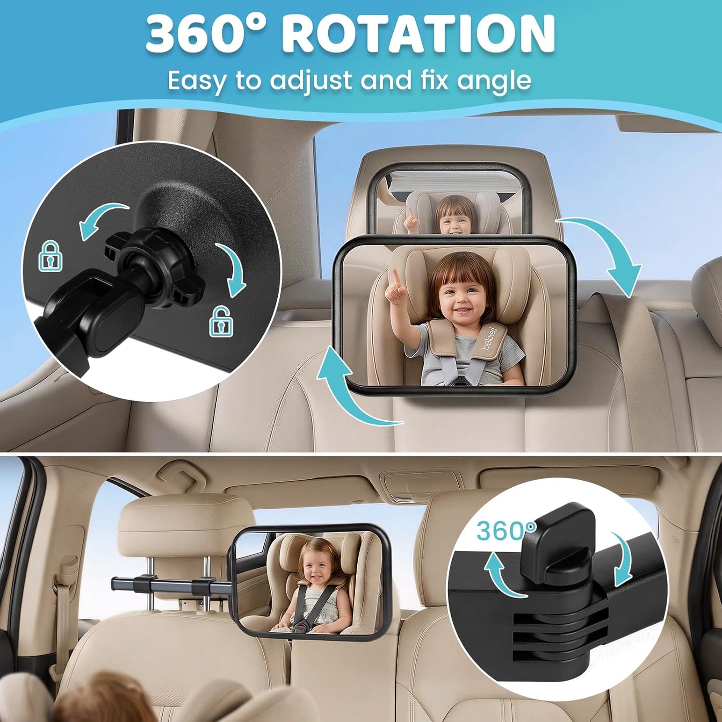 Baby Car Mirror for Rear Facing Seat, Extendable Arm Car Seat Mirror for Baby, Shatterproof Wide View Backseat Mirror, 360° Adjustable Stable Hook Clip Baby Mirror, Newborn Essentials