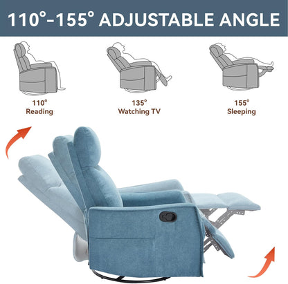 Massage Chair Recliner with Heat, Swivel Rocking Chair Recliner with High Back, Manual Nursery Recliners for Adults,Small Recliner Chair for Small Spaces, Living Room Bedroom, Fabric (Blue Green)