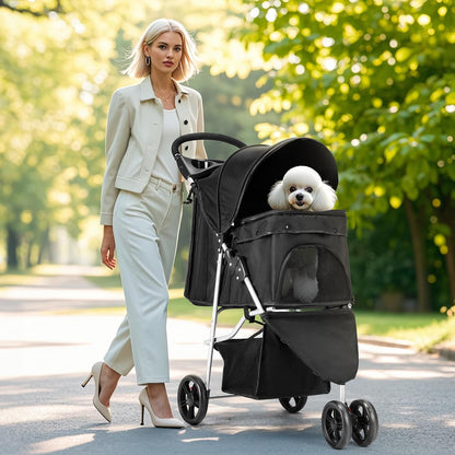 Sweetcrispy 3 Wheels Pet Stroller for Small Dogs and Cats – Foldable Dog Stroller with Mesh Windows, Storage Basket & Cup Holder, Lightweight & Durable Pet Carrier for Travel, Outdoor Use, Blue