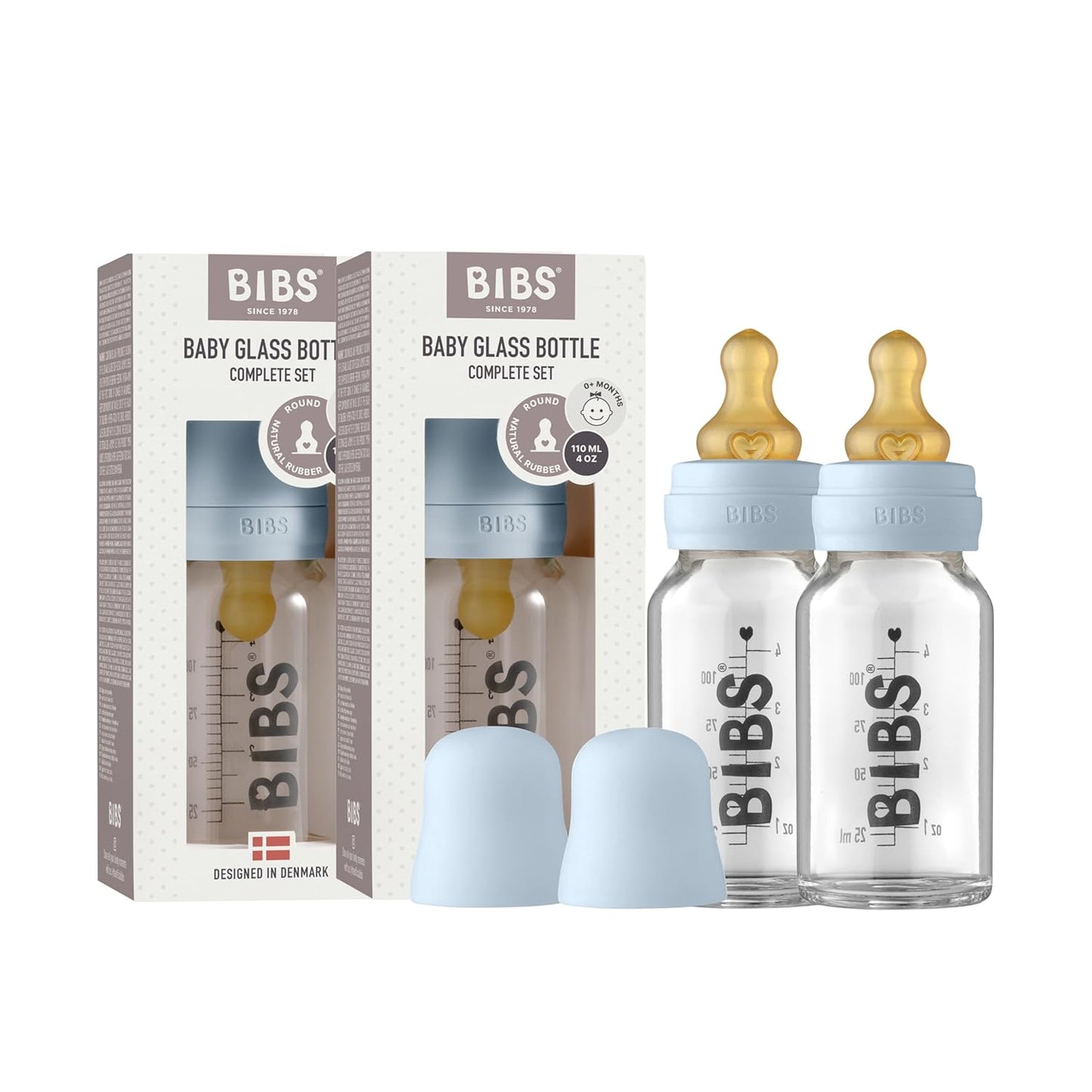 BIBS Baby Glass Bottle. Anti-Colic. Round Natural Rubber Latex Nipple. Supports Natural Breastfeeding, Complete Set - 110 ml, Cloud