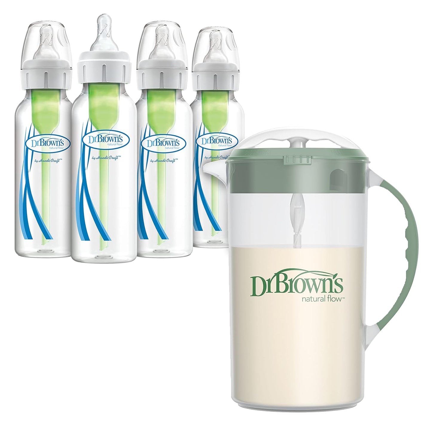 Dr. Brown's Baby Formula Mixing Pitcher 36 oz, Olive with Anti-Colic Options+ Narrow Baby Bottles, 4 Pack, 8 oz