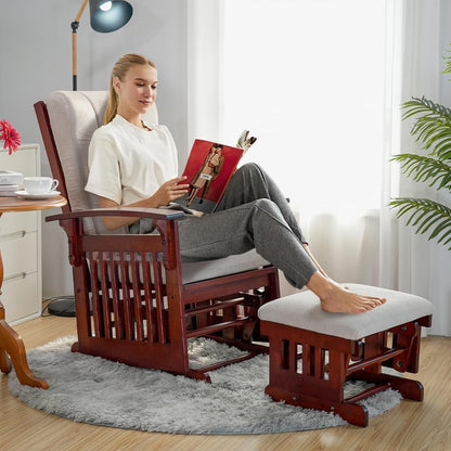 Glider Rocking Chair with Ottoman Set, Solid Wood Nursery Glider Rocker with Padded Cushion, High Back Upholstered Swivel Glider for Living Room, Nursing, Reading, 280LBS Weight Capacity,Oak+Khaki
