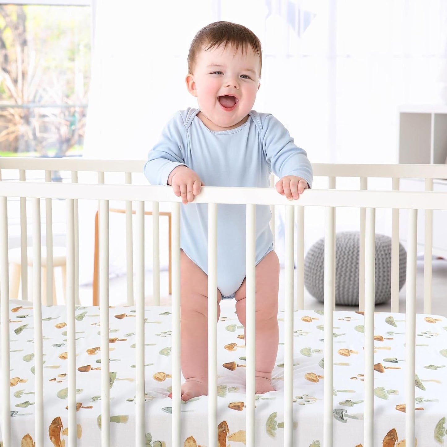 LifeTree Crib Sheets for Baby Unisex - Muslin Fitted Crib Sheets Toddler Bed Sheet, 70% Viscose from Bamboo and 30% Cotton, Fits Mini Crib & Pack and Play Playard, Bear, 26in x 38in