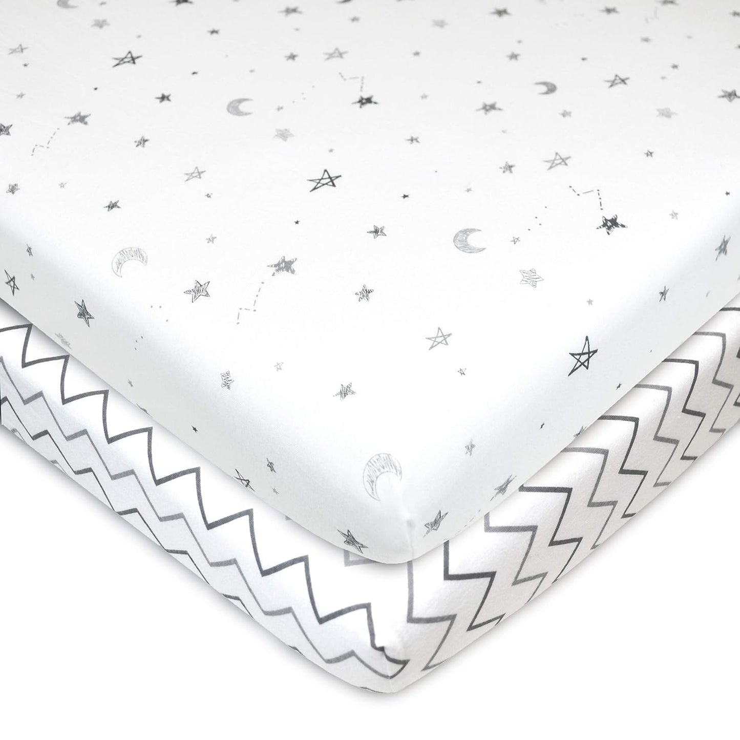 American Baby Company 2 Pack 100% Natural Cotton Fitted Pack and Play Sheets 39" x 27" - Soft & Breathable Pack N Play Sheets for Playard & Mini Crib Mattress, Pink Stars/Zigzag, for Boys & Girls