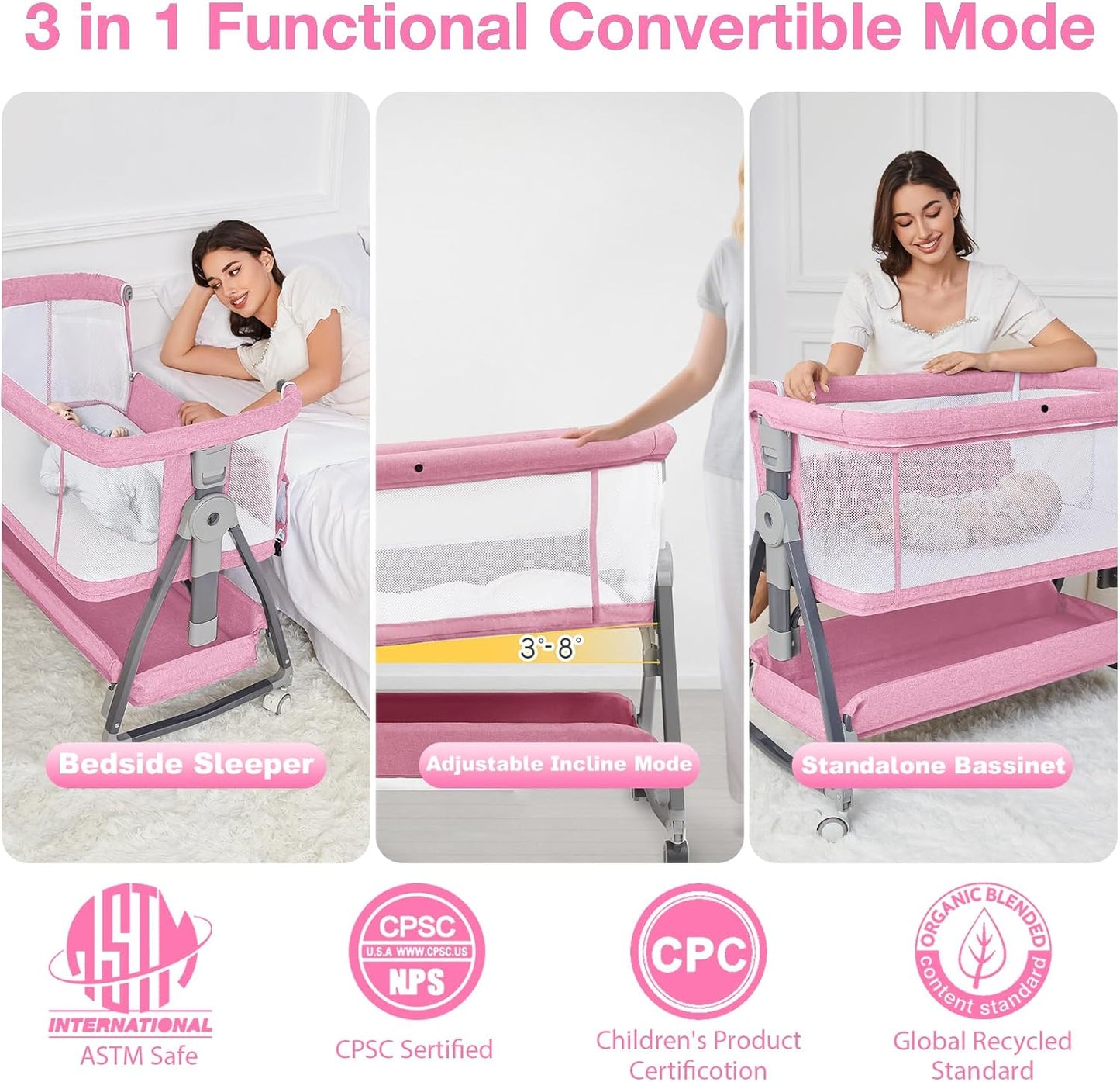 Jixrolyn 3 in 1 Baby Bassinet Bedside Sleeper, Height Adjustable Bedside Bassinet for Newborn and Infant with Mattress, Storage Basket, and Wheels (Grey)