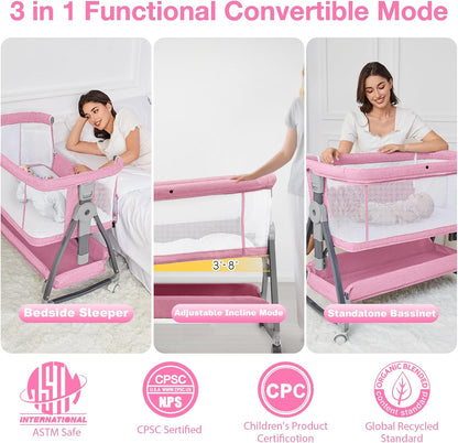 Jixrolyn 3 in 1 Baby Bassinet Bedside Sleeper, Height Adjustable Bedside Bassinet for Newborn and Infant with Mattress, Storage Basket, and Wheels (Grey)