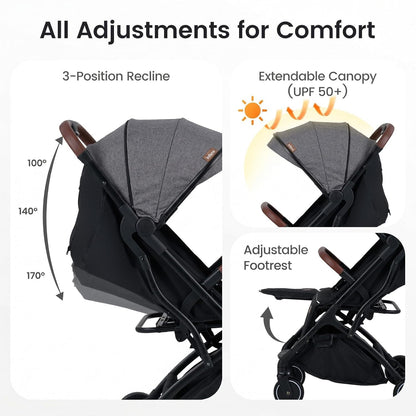 INFANS Travel Stroller, Lightweight Compact Baby Stroller for Airplane with One-Hand Fold, Multi-Position Recline, Canopy, 4 Wheel Suspension, Storage Basket (Grey+Black)