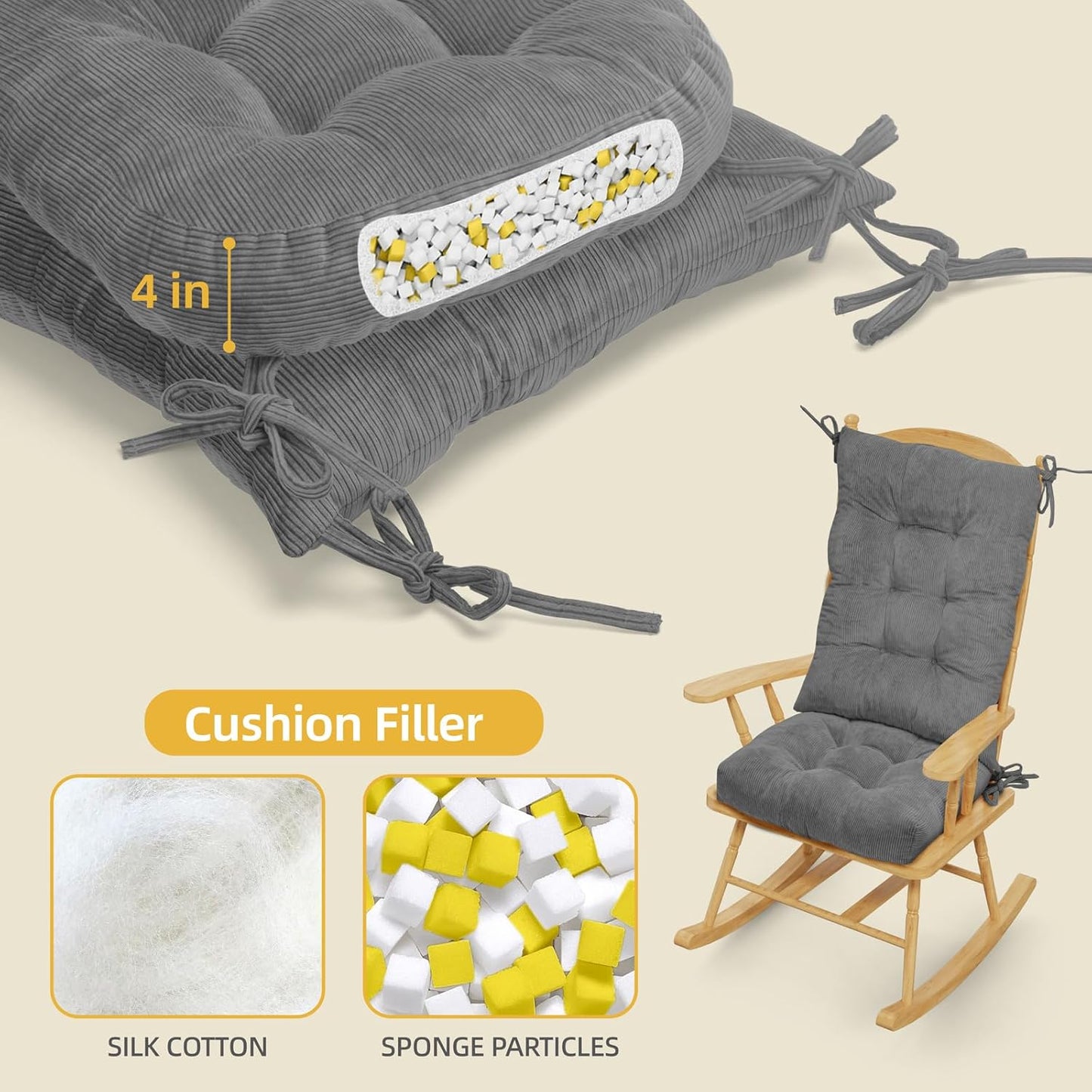 Millsilo Rocking Chair Cushions 3-Piece Set with Neck Pillow, Indoor Rocker Comfortable Tufted Non-Slip Pads with Ties, High-Density Foam Cushion for Adirondack Glider Chair, Orange, 52 x 19 x 4 Inch
