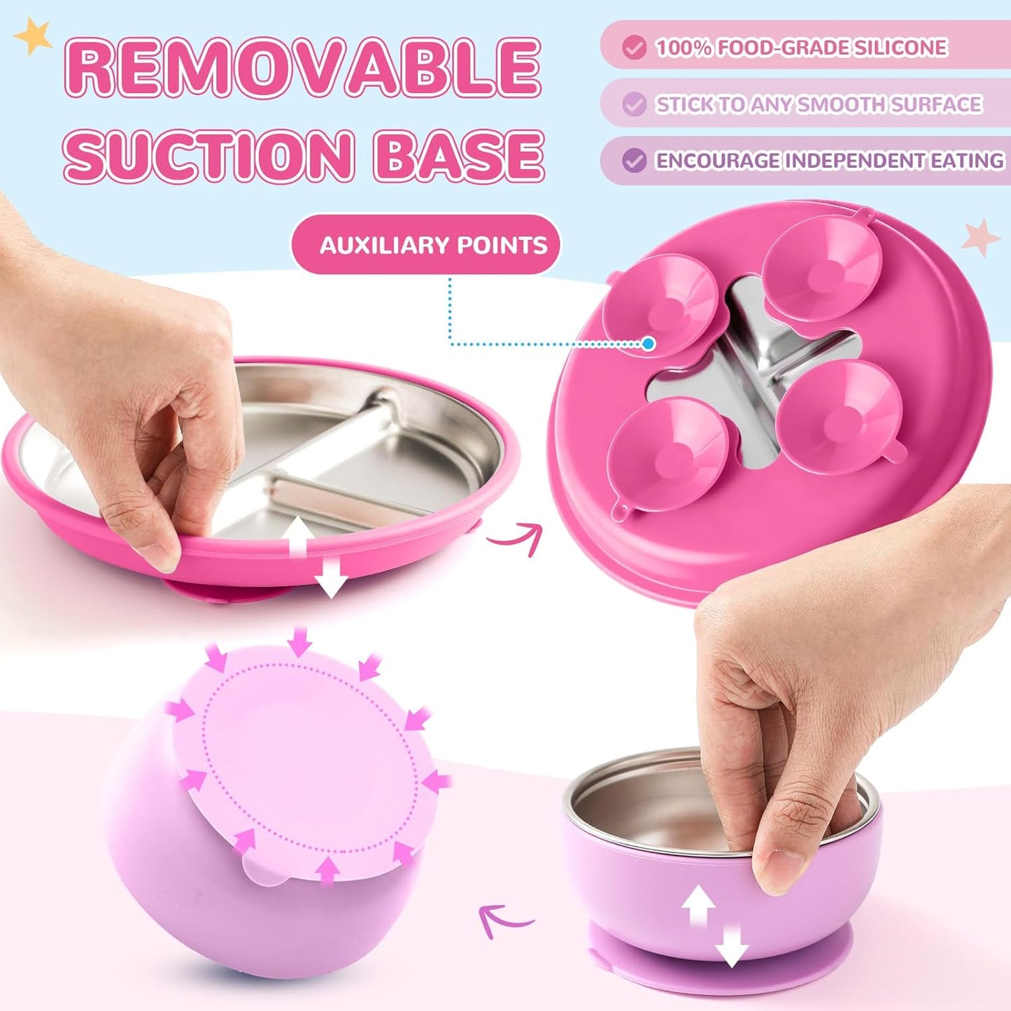 Havawish 8 Pcs Stainless Steel Baby Plate and Bowls with Suction, 8.3" Kid Divided Plate and 4" Toddler Bowl with Removable Silicone, BPA-free Non-slip Baby Feed Set Dishwasher Safe for Boy Girl(Pink)