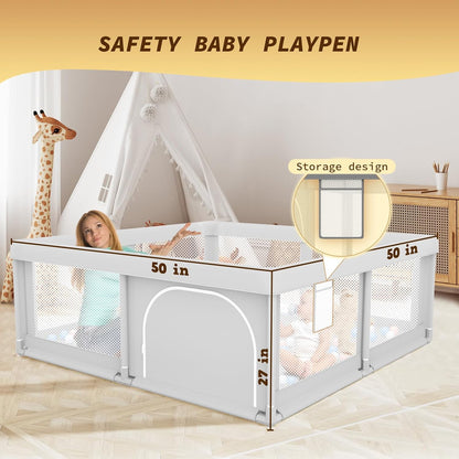 Baby Playpen with Mat 50x50 Inch, Play Pen for Babies and Toddlers with Gate, Baby Fence Sturdy Safety Playpen, Indoor & Outdoor Kids Activity Center