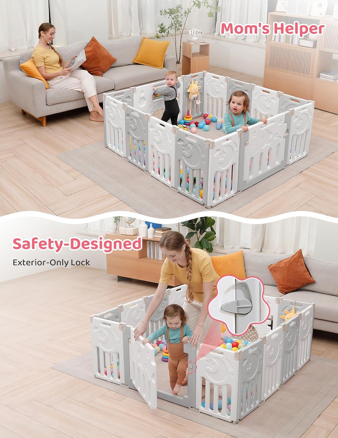 Baby Playpen, Dripex Baby Playard for Babies and Toddlers, 14-Panel Foldable Playpen Adjustable Portable Play Area, Indoor/Outdoor Kids Active Center with Game Panel & Safety Gate, Grey White