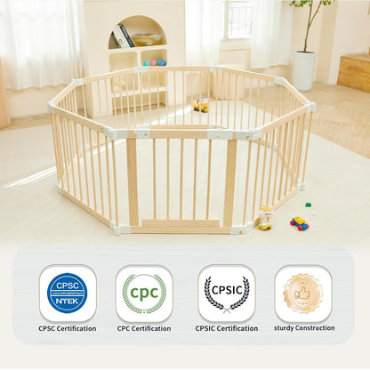 Baby Playpen, Foldable Wooden Play Yard with Gate, Playpen for Babies and Toddlers, Adjustable Baby Activity Center with Child Proof Lock, Fence Play Area for Toddlers 6 to 36 months(56*83*24inch)