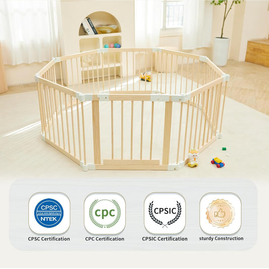 Baby Playpen, Foldable Wooden Play Yard with Gate, Playpen for Babies and Toddlers, Adjustable Baby Activity Center with Child Proof Lock, Fence Play Area for Toddlers 6 to 36 months(56*83*24inch)