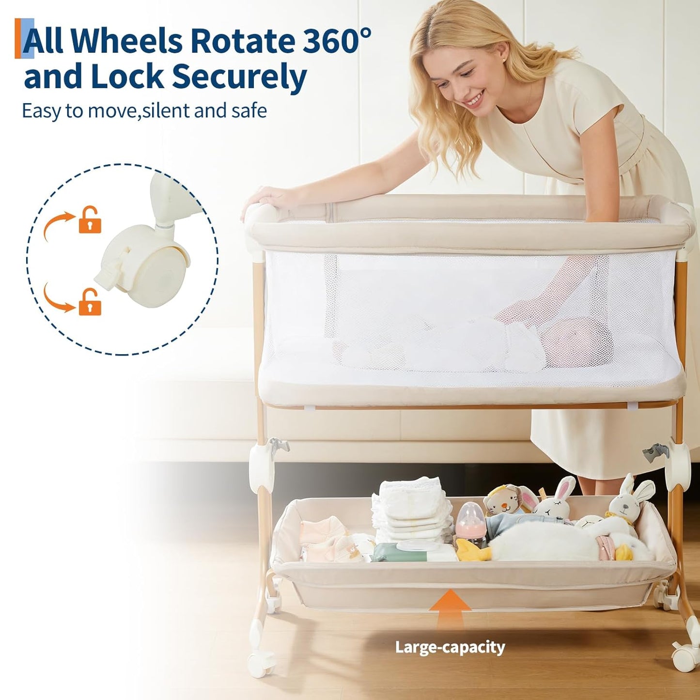 Baby Bassinet, 3-in-1Bassinet Bedside Sleeper with Wheels, Large Storage Basket, Cozy Mattress, Full Mesh Sides, 6-Height Adjustable,1-7°Anti-Reflux Incline, Easy Folding Portable Bassinet for Newborn