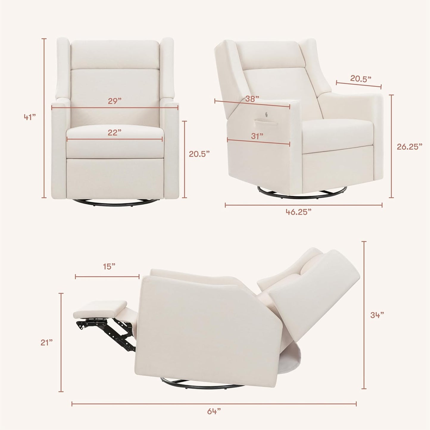 Babyletto Kiwi Deluxe Power Recliner and Swivel Glider with Heat and Massage in Almond Teddy Loop, Built-in USB Charging Port, Adjustable Headrest, Greenguard Gold, FSC and CertiPUR-US Certified