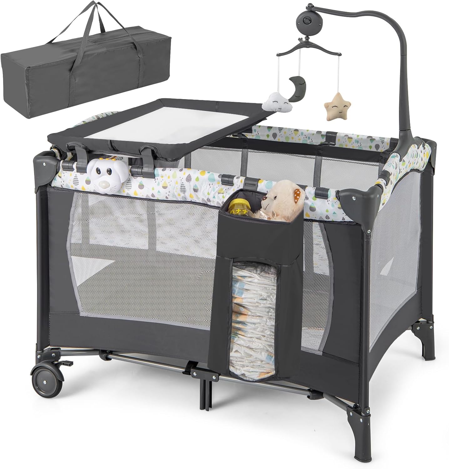 HONEY JOY Pack and Play, 4 in 1 Portable Baby Playard with Bassinet, Changing Table, Lockable Wheels, Music Box, Foldable Travel Baby Crib Nursery Center from Newborn to Toddler (Dark)