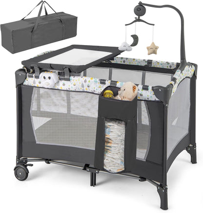 HONEY JOY Pack and Play, 4 in 1 Portable Baby Playard with Bassinet, Changing Table, Lockable Wheels, Music Box, Foldable Travel Baby Crib Nursery Center from Newborn to Toddler (Dark)