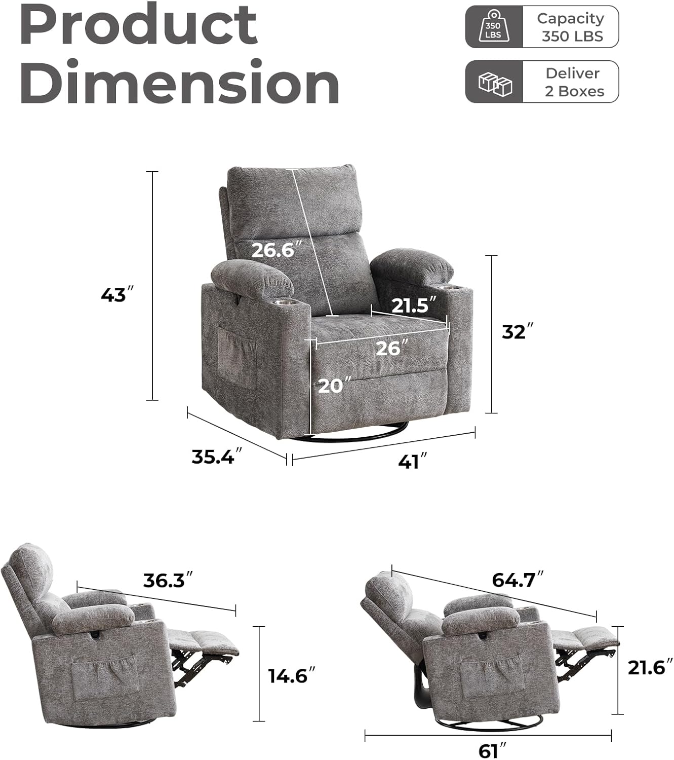 Rocking Chair Nursery with Adjustable Armrests, Electric Glider Recliner Nursing Chair for Breastfeeding, Power Swivel Recliner Chairs with Massage and Heat, Adjustable Headrest , FSC Certified, White