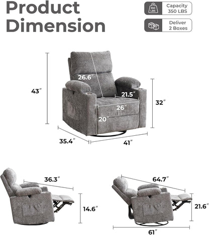 Rocking Chair Nursery with Adjustable Armrests, Electric Glider Recliner Nursing Chair for Breastfeeding, Power Swivel Recliner Chairs with Massage and Heat, Adjustable Headrest , FSC Certified, White