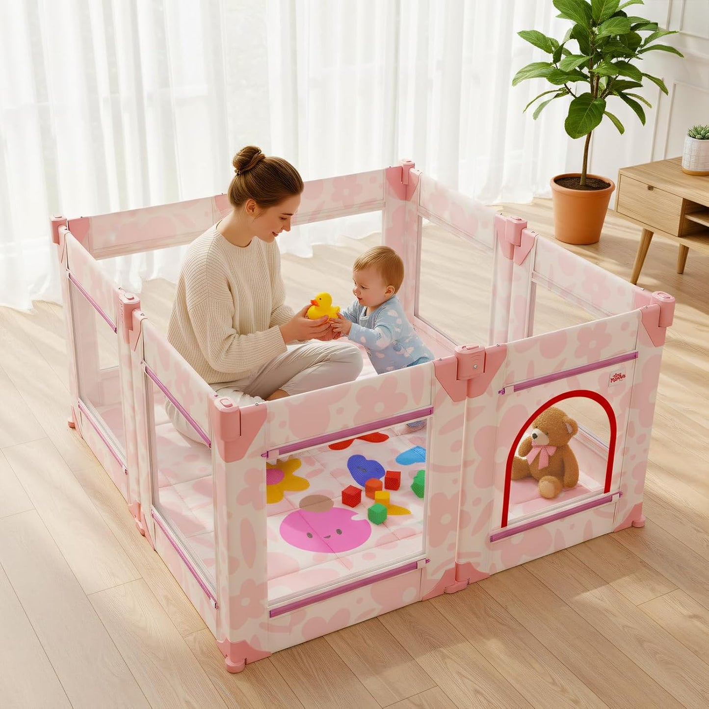 Baby Playpen for Babies and Toddlers, Upgraded 50x50 Inch Foldable No Assembly Required Play Yard with Breathable Mesh, Safe Playard with Gate, Indoor & Outdoor Infants Play Pen (1pc-Sand Checks)
