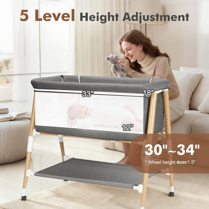 Baby Bassinet, 3 in 1 Bedside Bassinet Sleeper for Newborn, Portable Baby Crib with 4 Detachable Wheels & Adjustable Height, Breathable Mesh & Mattress, Mosquito Net& Storage Basket (Grey)