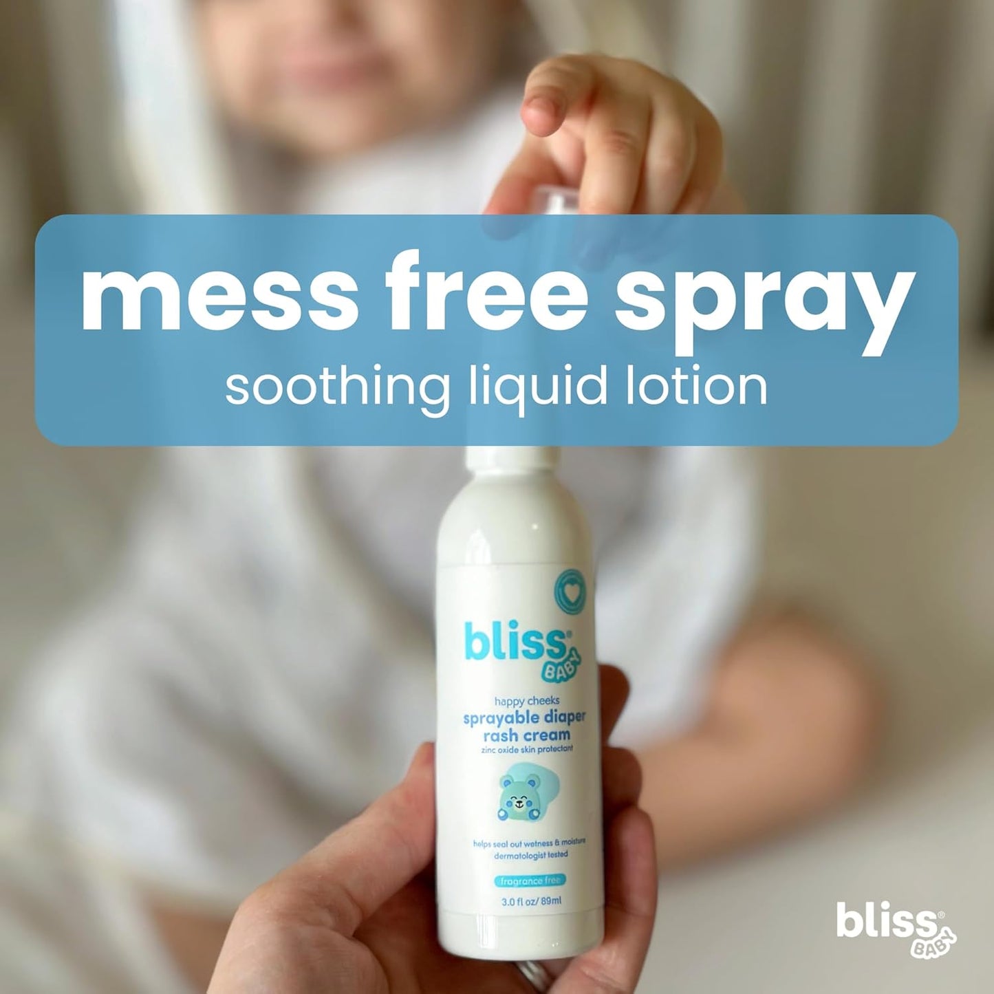 Bliss Baby Diaper Rash Cream Spray - Fragrance-Free, No Touch & Mess-Free, Treats, Soothes & Prevents Diaper Rash, Zinc Oxide, Dermatologist Tested, Vegan, Organic Aloe Vera, Shea Butter & Olive Oil