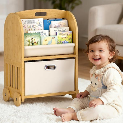 2-Sided, 3-Tier Bamboo Kids Bookshelf, Montessori Shelf with Safe Wheels and Large Storage Drawer, Toddler Bookcase Nursery Book Shelves and Toy Storage for Baby Rooms Playroom Kindergarten