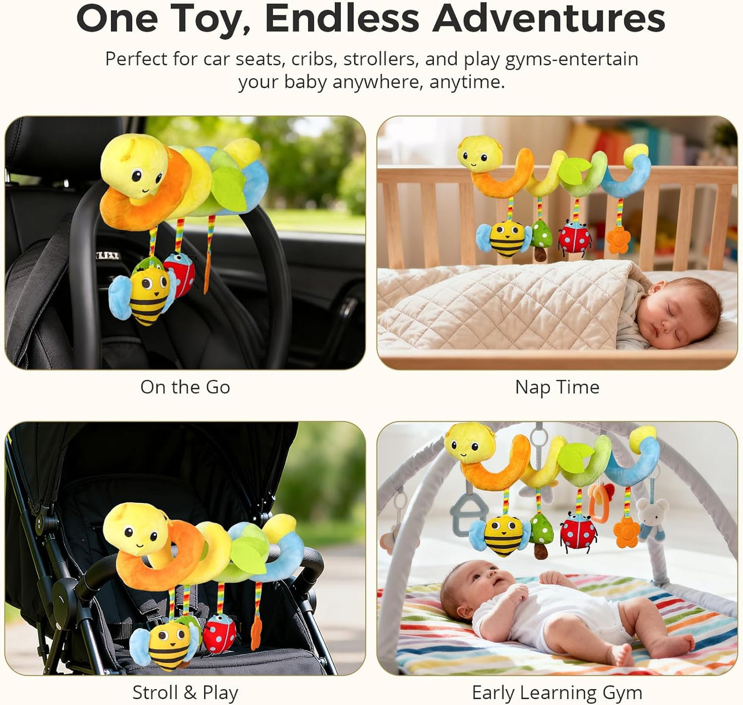 Carseat Toys Hanging for Babies 0-6-12 Months, Crib Toy Hanging Plush Spiral Car Seat Toy, with Rattle, Teether & Mirror, Stroller for Baby Boys & Girls, Infant Car Seat Toys