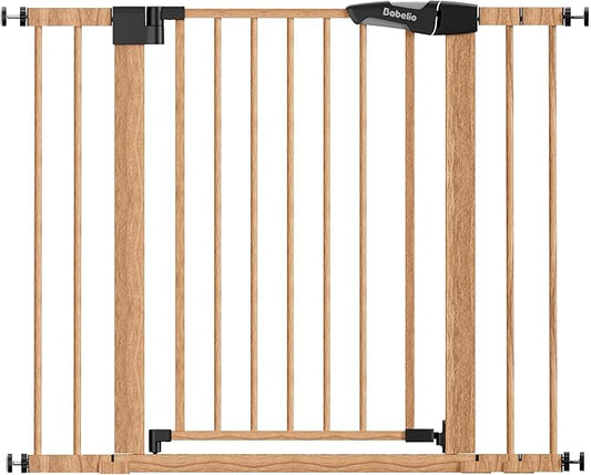 Mom's Choice Award Winner, Babelio 26-40" Metal Baby Gate with Wood Pattern, PressGuard C5 Easy Install Pressure Mounted Dog Gate for Stairs and Doorways, with Wall Protectors and Extension Kits