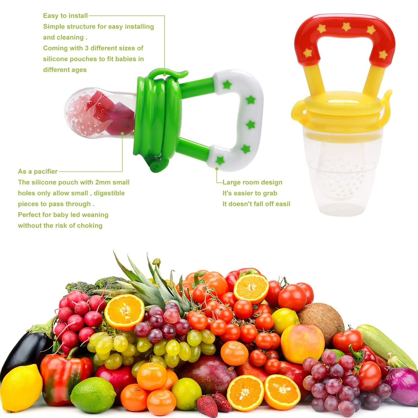 WAJIAYON Baby Fruit Feeder Pacifier - 12 Pack | 2 Infant Food Feeder Pacifier & 1 Babies Food Dispensing Spoon | Fresh Fruit Teethers for Babies | Silicone Feeder Baby,Infant Teething Feeders(Green)