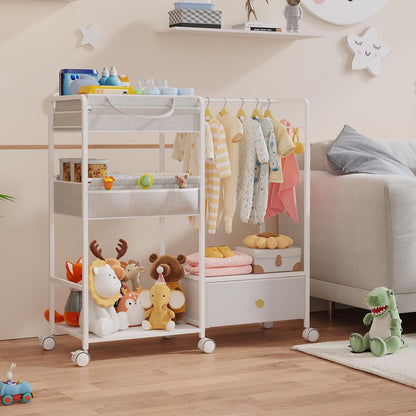 BBLIKE 3in1 Diaper Caddy Organizer - Diaper Caddy & Rolling Diaper Cart with Kids Clothing Rack for Nursery and Baby Essentials, Multi-Function Utility Cart for Bedroom and Bathroom, White